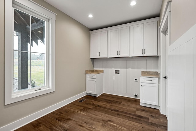 1036 Hidden River Rd, Rock Island, TN 38581 - laundry area with hookup for a washing machine, cabinet space, dark wood-style floors, recessed lighting, and baseboards