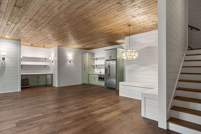 1036 Hidden River Rd, Rock Island, TN 38581 - unfurnished living room featuring stairway, dark wood-style floors, wooden walls, wood ceiling, and wine cooler