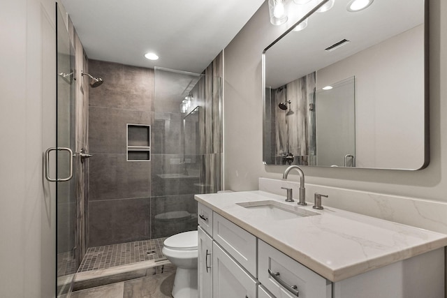 1036 Hidden River Rd, Rock Island, TN 38581 - full bathroom featuring recessed lighting, toilet, a stall shower, and vanity