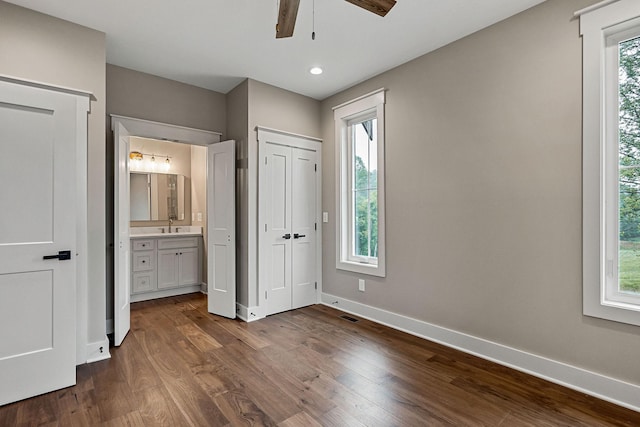 1036 Hidden River Rd, Rock Island, TN 38581 - unfurnished bedroom featuring baseboards, dark wood-style flooring, ensuite bathroom, recessed lighting, and ceiling fan