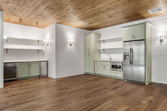 1036 Hidden River Rd, Rock Island, TN 38581 - kitchen featuring stainless steel refrigerator with ice dispenser, open shelves, green cabinets, wooden ceiling, and a sink