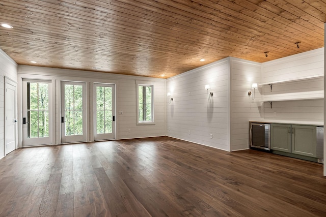 1036 Hidden River Rd, Rock Island, TN 38581 - unfurnished living room featuring wooden ceiling, dark wood-style flooring, wood walls, and recessed lighting
