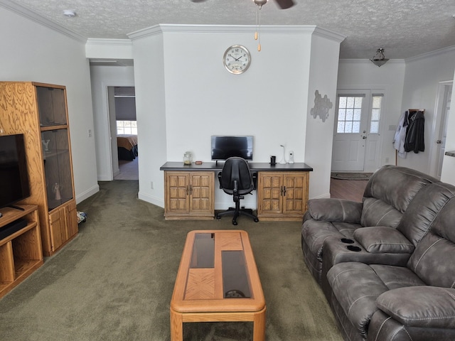 home office with a textured ceiling, carpet, and a healthy amount of sunlight