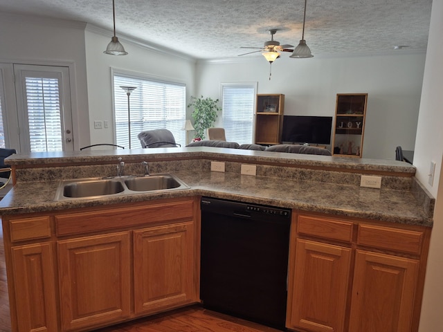 kitchen featuring a sink, dark countertops, a textured ceiling, open floor plan, and dishwasher