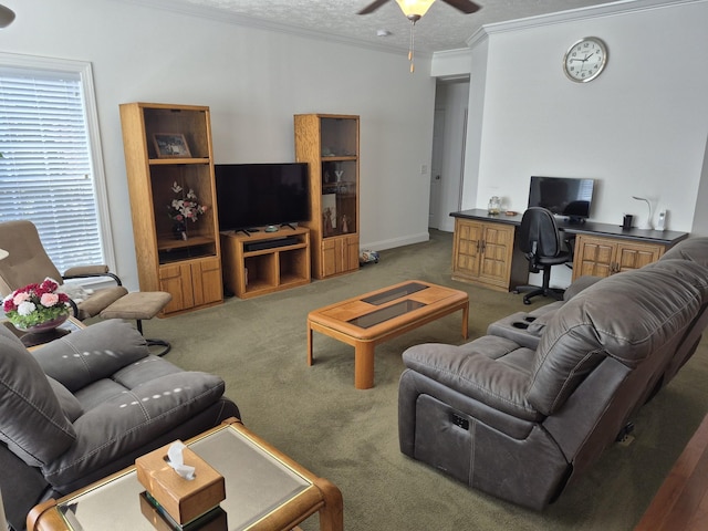 living area with light carpet, a textured ceiling, crown molding, and a ceiling fan