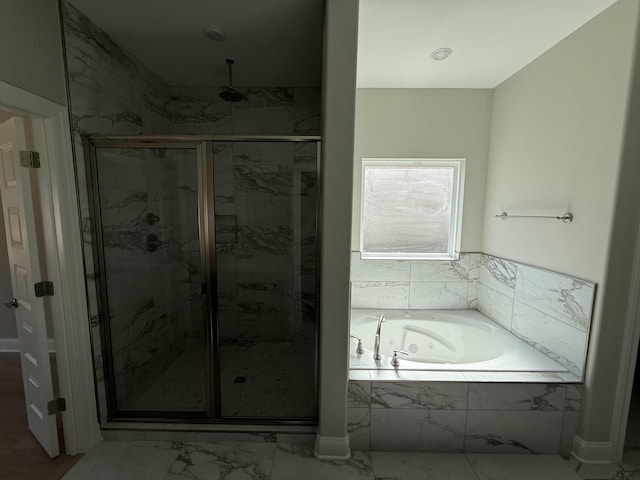 full bath with a marble finish shower, marble finish floor, and a whirlpool tub