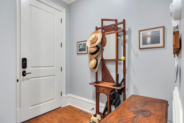 foyer entrance with visible vents, baseboards, and wood finished floors