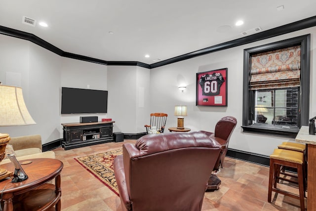 living area with crown molding, recessed lighting, baseboards, and visible vents