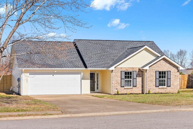 single story home featuring brick siding, a shingled roof, fence, concrete driveway, and a garage