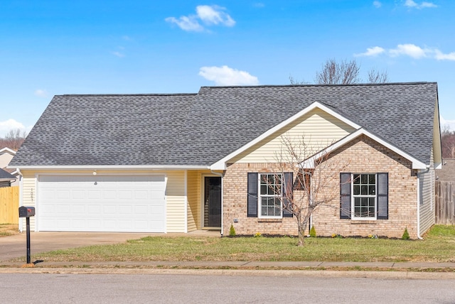 single story home featuring a garage, brick siding, concrete driveway, and fence