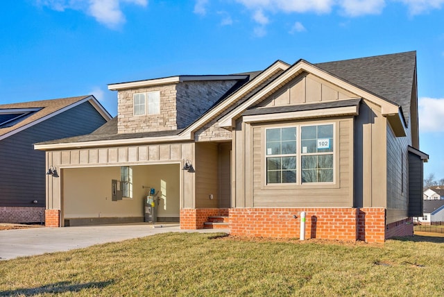 view of front of house featuring driveway, electric panel, board and batten siding, a front yard, and a garage