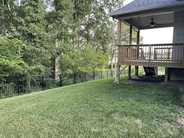 view of yard featuring a deck, a ceiling fan, and a fenced backyard