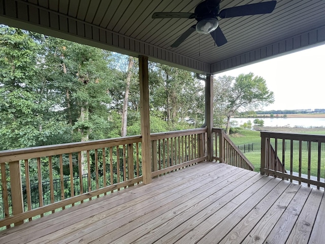 wooden deck with a ceiling fan and a water view