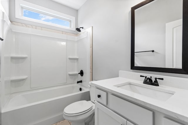 full bath with toilet, shower / washtub combination, and vanity