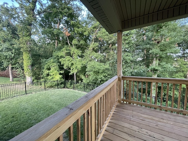 wooden terrace featuring a lawn and a fenced backyard