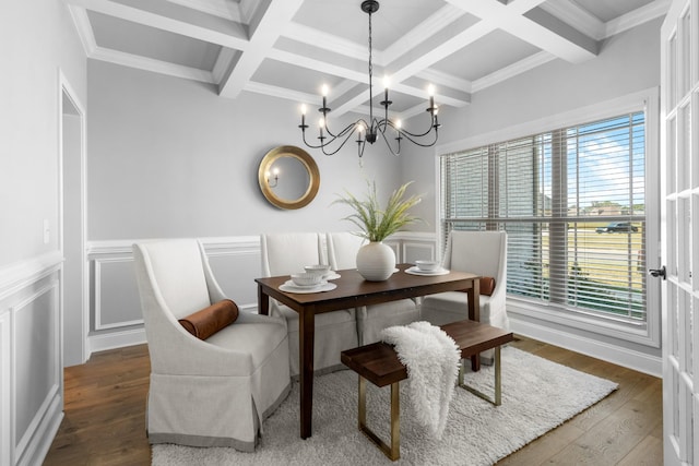 dining space featuring beam ceiling, coffered ceiling, and wood-type flooring