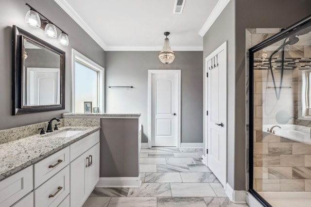 bathroom with vanity, visible vents, a stall shower, crown molding, and marble finish floor