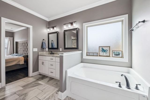 ensuite bathroom with connected bathroom, crown molding, a garden tub, wood finished floors, and vanity