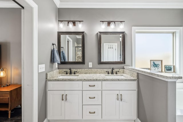 bathroom featuring double vanity, ornamental molding, and a sink