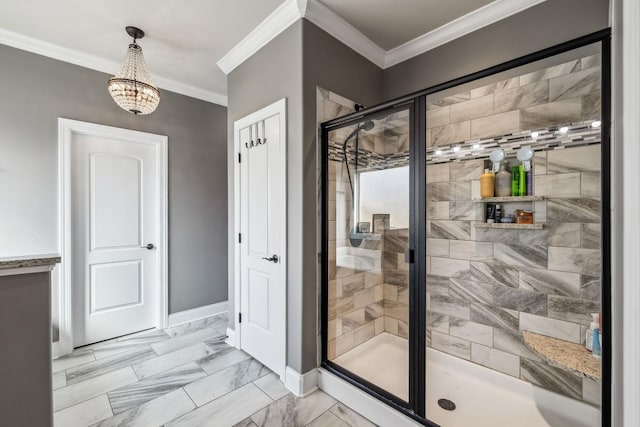 full bathroom featuring baseboards, a stall shower, marble finish floor, and ornamental molding