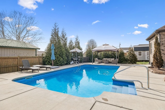 view of pool featuring a fenced in pool, fence, an outdoor hangout area, an outdoor structure, and a patio