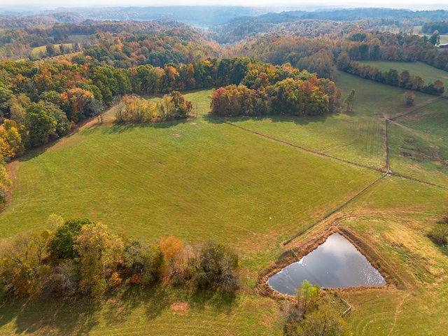 aerial view with a rural view, a view of trees, and a water view