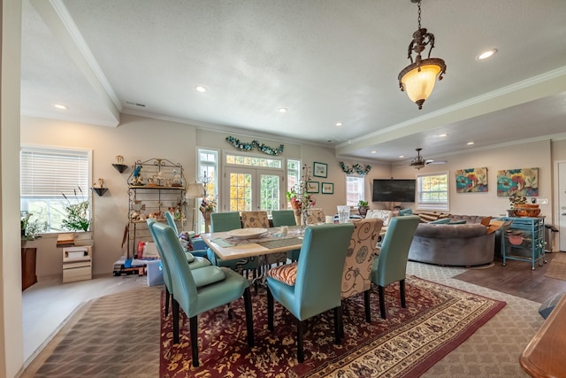 dining space featuring recessed lighting, french doors, ornamental molding, and ceiling fan