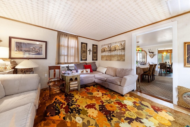 living room featuring wood finished floors and ornamental molding