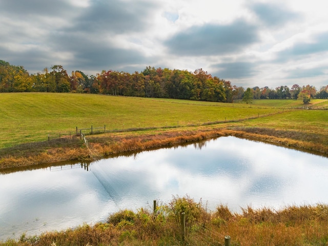 water view with a rural view and fence