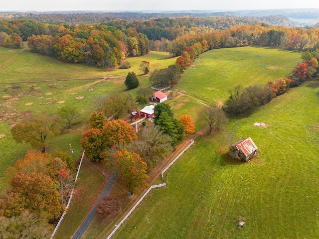 bird's eye view featuring a rural view and a view of trees