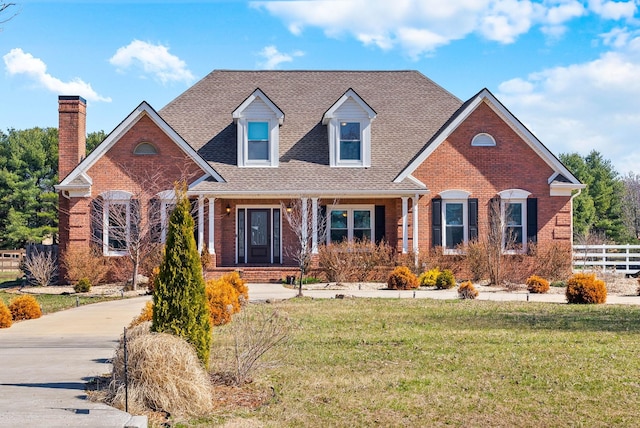 view of front of house featuring brick siding, a front lawn, and fence