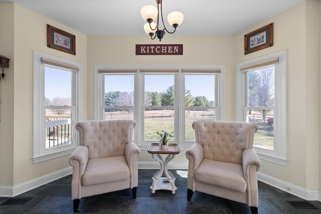 sitting room featuring visible vents, plenty of natural light, and baseboards