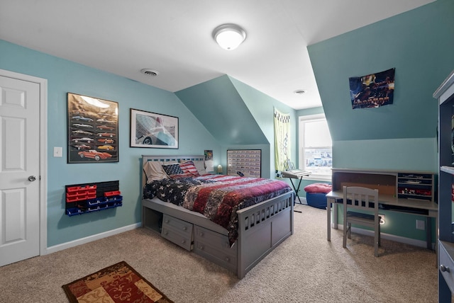 carpeted bedroom with visible vents, baseboards, and vaulted ceiling