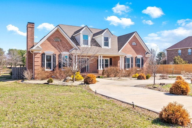 view of front of property featuring brick siding, fence, concrete driveway, a front yard, and a chimney