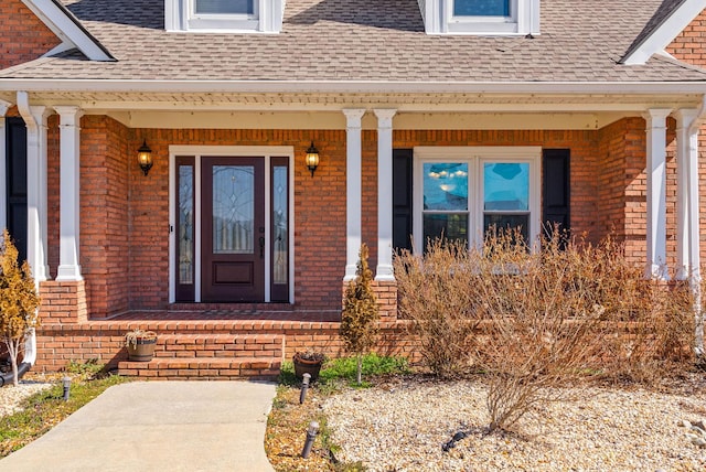 entrance to property featuring brick siding and roof with shingles