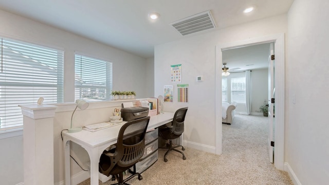 home office featuring recessed lighting, carpet, visible vents, and baseboards