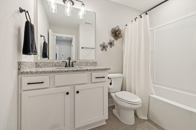 full bathroom featuring vanity, visible vents, tile patterned flooring, shower / tub combo, and toilet