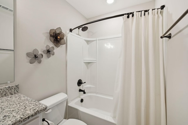 full bathroom with vanity, toilet, shower / bath combo, and visible vents