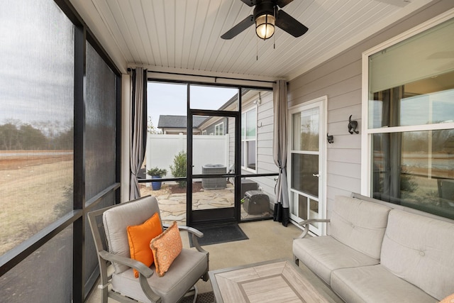 sunroom / solarium featuring wood ceiling and ceiling fan