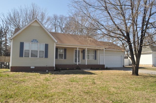 single story home with a front lawn, a garage, driveway, and crawl space