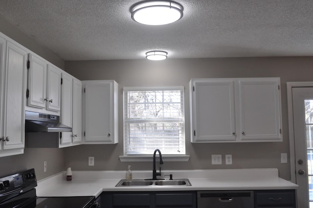 kitchen with black range with electric cooktop, under cabinet range hood, dishwasher, light countertops, and a sink