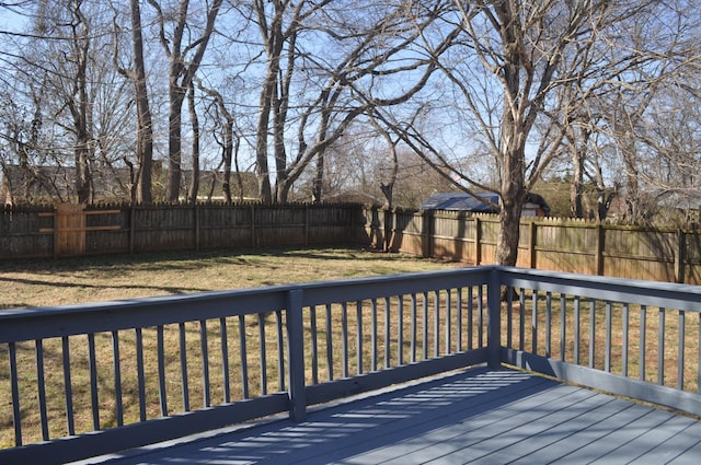 wooden terrace with a lawn and a fenced backyard