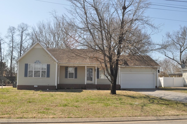 single story home with gravel driveway, fence, a front yard, a garage, and crawl space