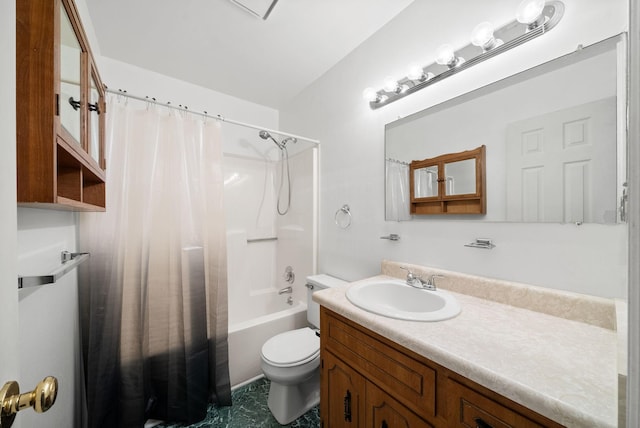 bathroom featuring shower / tub combo with curtain, toilet, and vanity