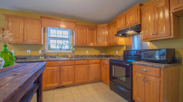 kitchen featuring visible vents, under cabinet range hood, a sink, black electric range, and light floors