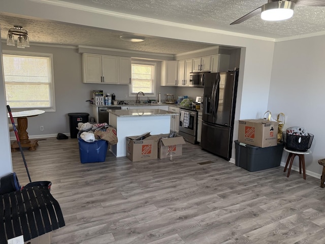 kitchen featuring a sink, light wood-style flooring, appliances with stainless steel finishes, and ornamental molding