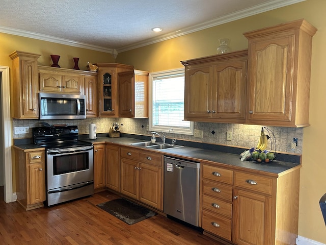 kitchen featuring dark wood finished floors, a sink, crown molding, appliances with stainless steel finishes, and dark countertops