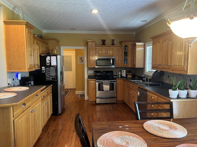 kitchen with decorative backsplash, dark countertops, appliances with stainless steel finishes, and dark wood-style flooring