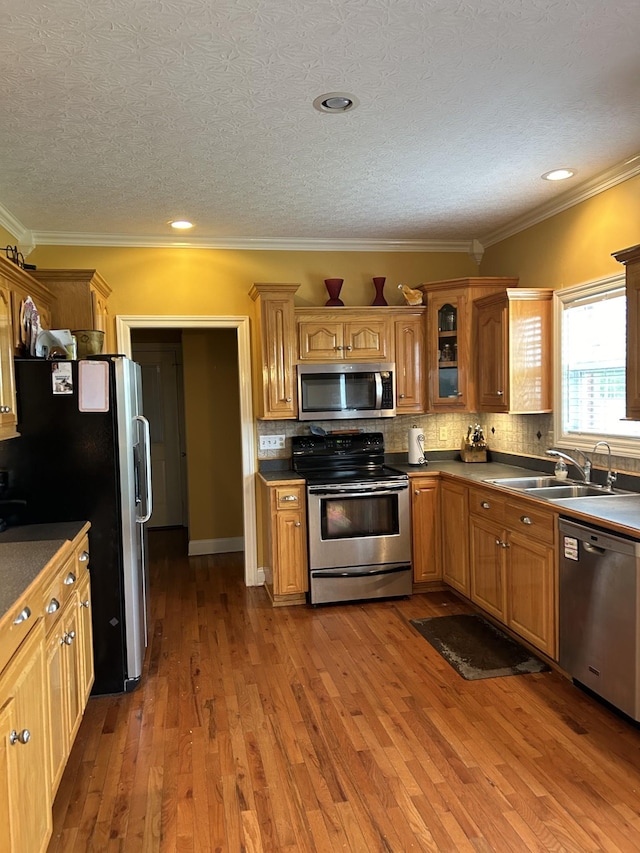 kitchen with backsplash, appliances with stainless steel finishes, wood finished floors, and a sink