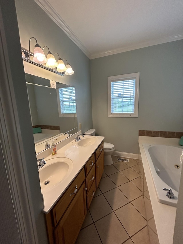 full bathroom featuring plenty of natural light, ornamental molding, and a sink